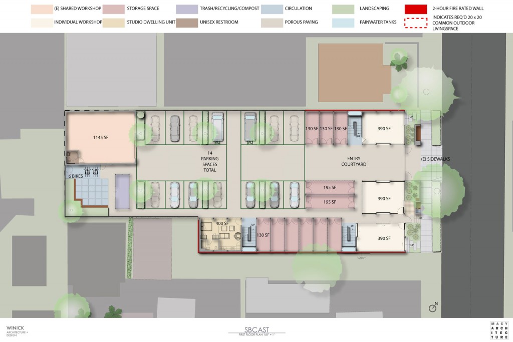 Architectural drawing showing first floor with several smaller spaces