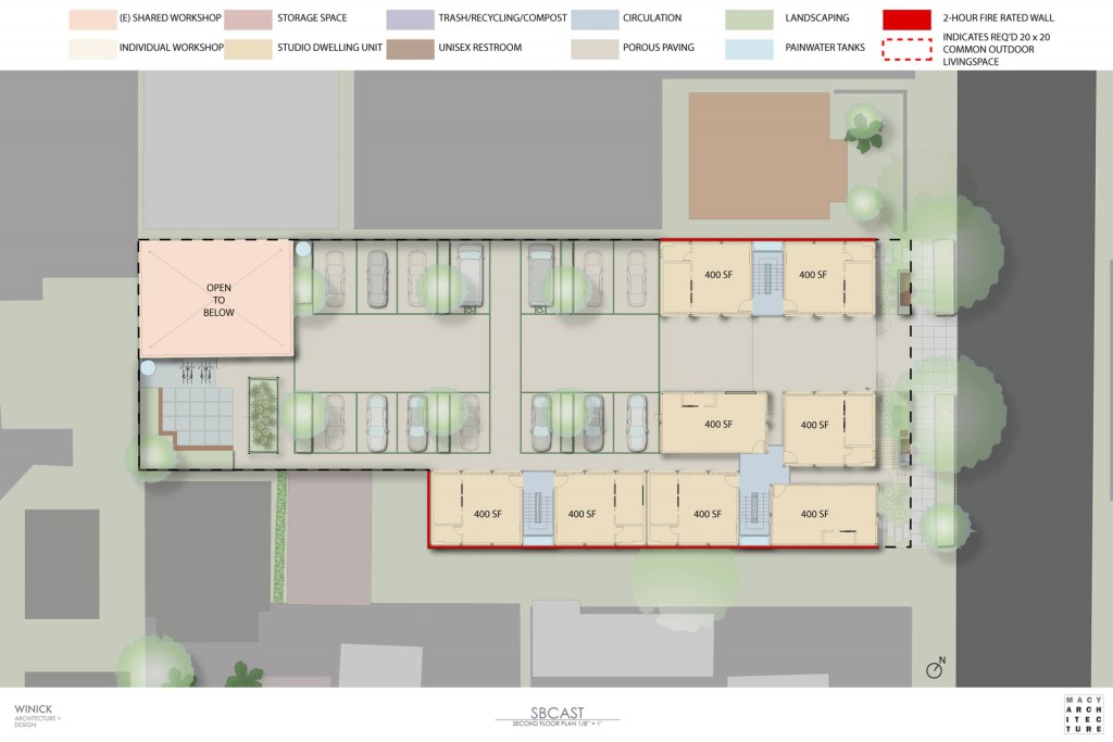 Architectural drawing showing 7 spaces, open patio, large space and parking for several cars.