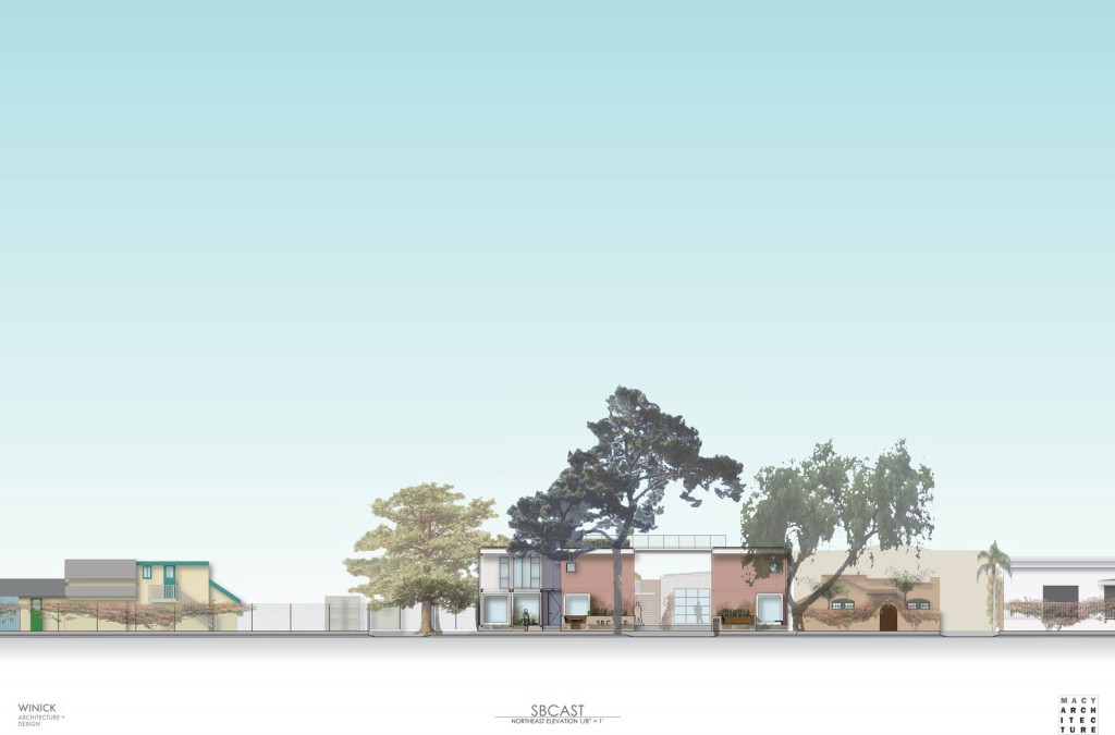 Architectural drawing of SBCAST showing elevation from the North East. Buildings are two stories with one bridging walkway and three large trees towering over the complex.