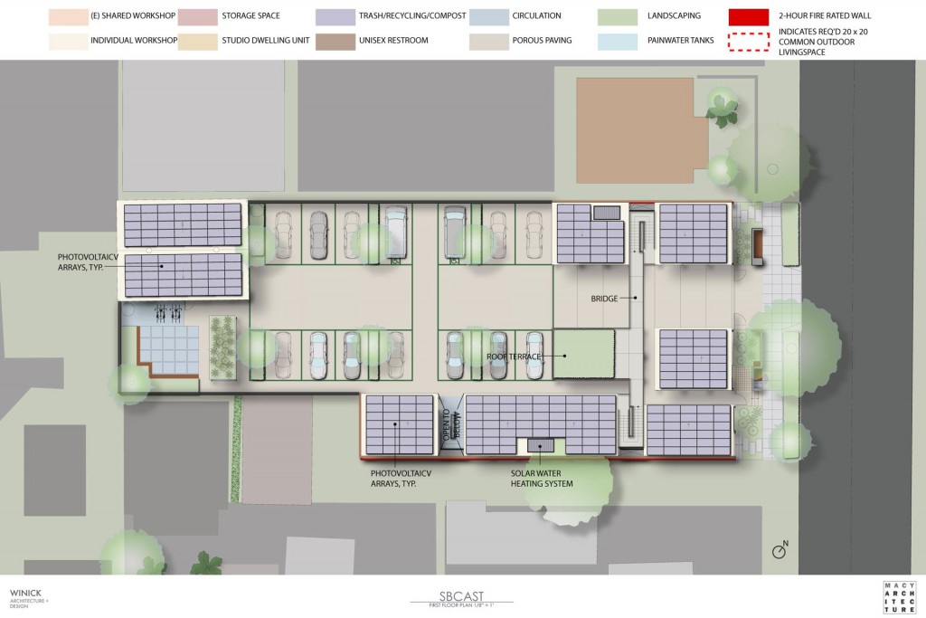 Architectural drawing of the roof plan showing copious amounts of solar panel installations.