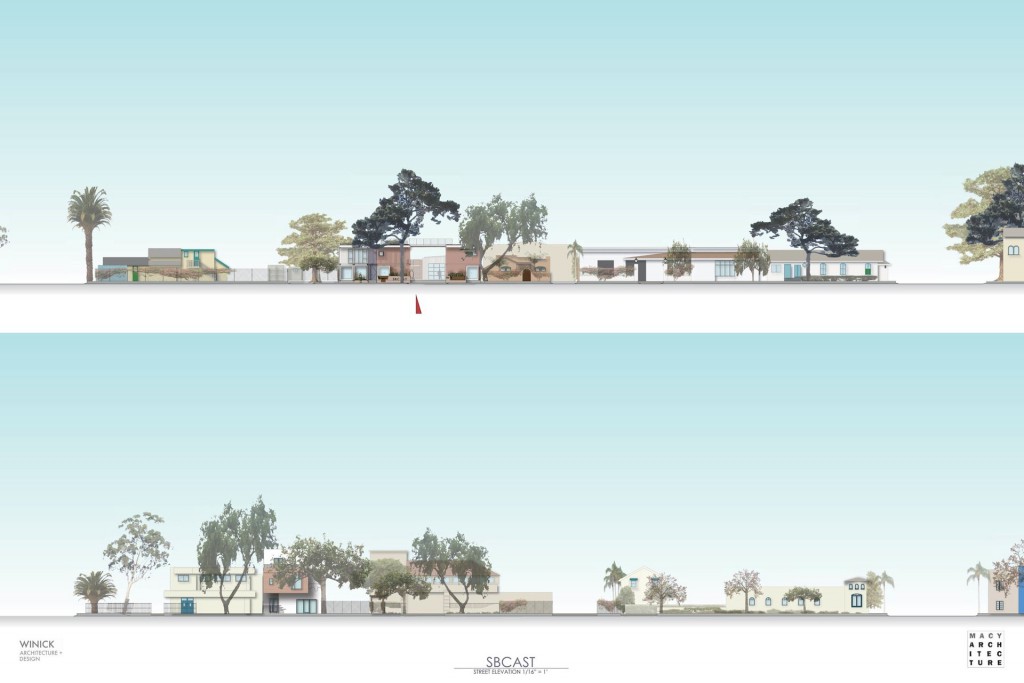Two drawing of different elevations of a cluster of buildings. Each building is two stories with taller trees.