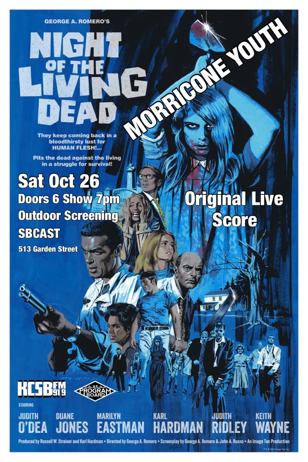 Illustrated movie poster with cast members layered in the foreground, an evil blood covered character with a butcher knife looms large in the background.