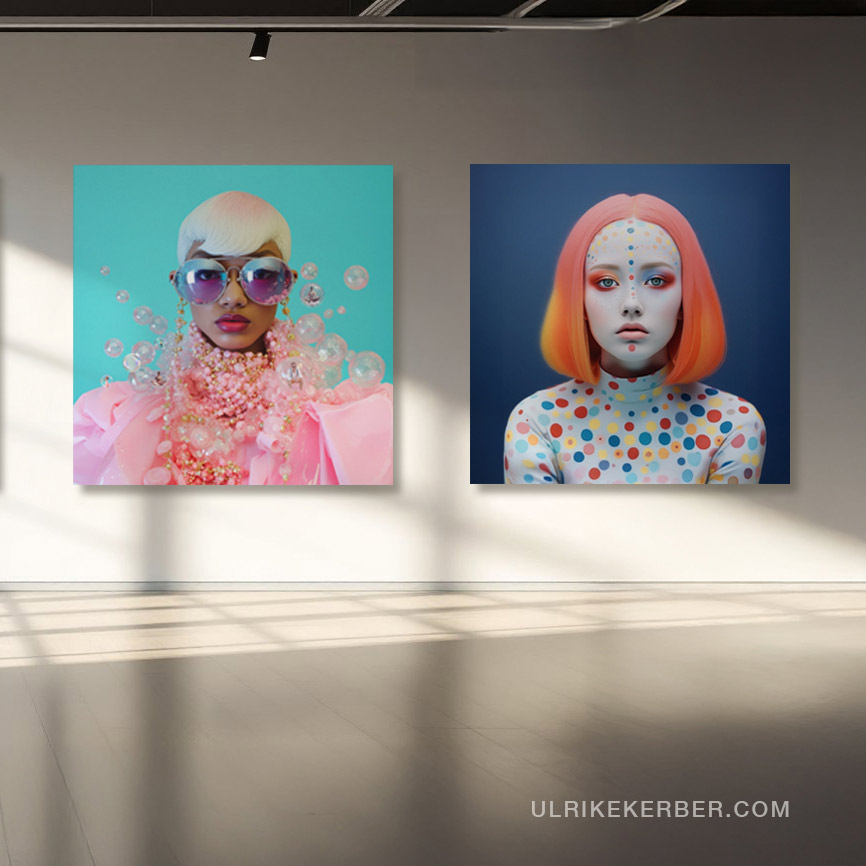 A spacious gallery showing two large images of colorful beautiful women.