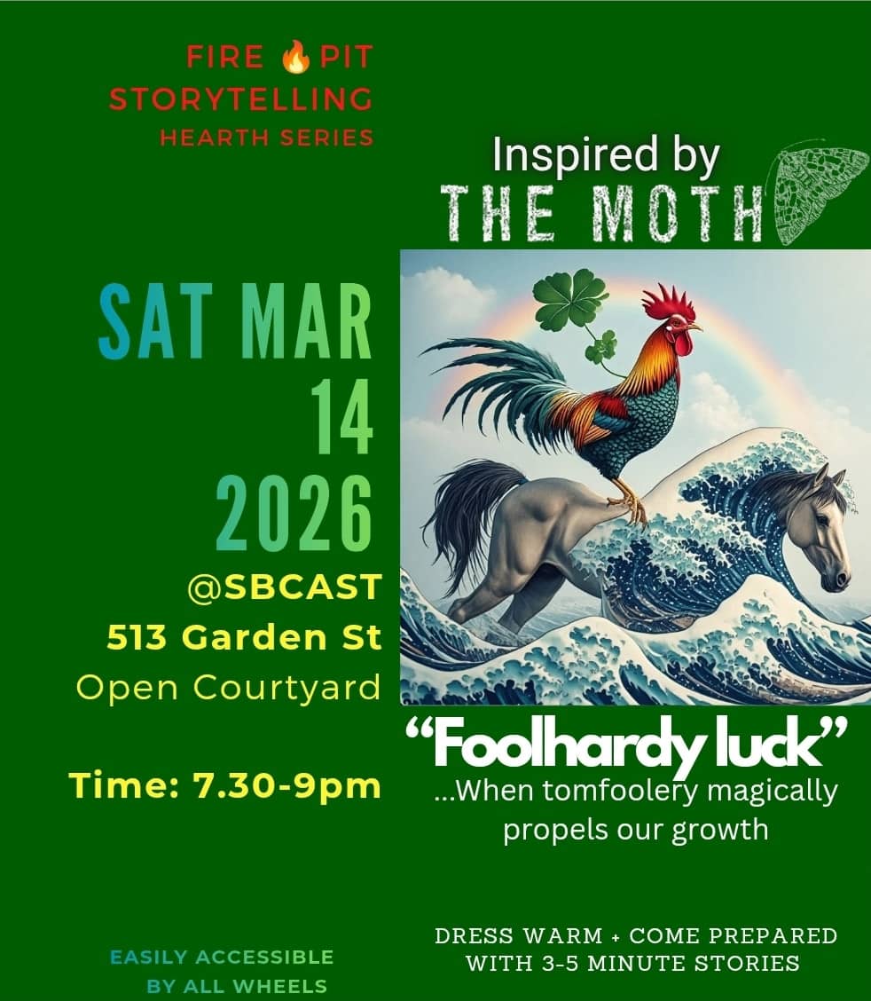 Event poster with an illustration of a rooster on the a back of a horse riding the waves.